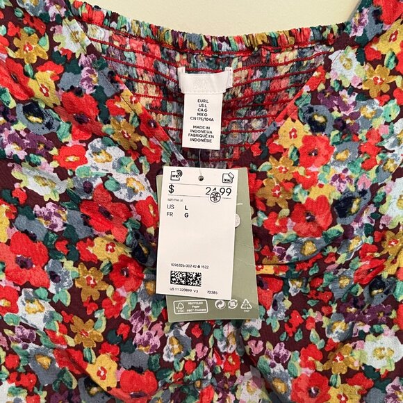 H&M Women's Blouse Viscose Crêpe V-neck Floral Top Drawstring in Front Sz L - Picture 4 of 12